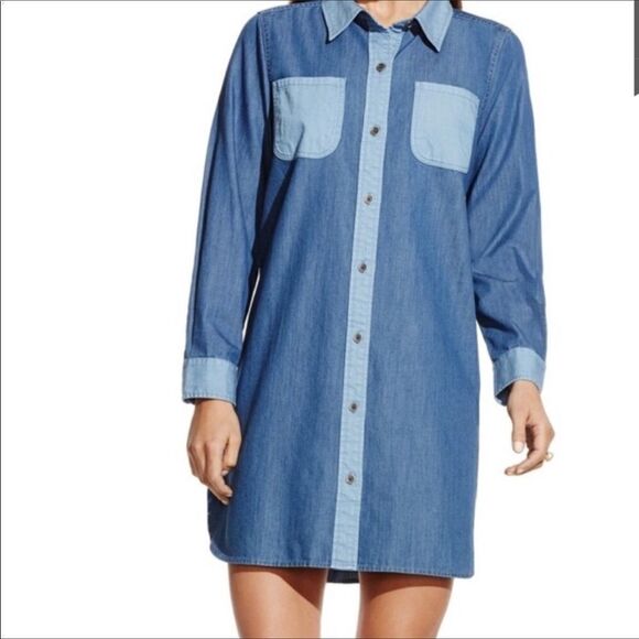 Vince Camuto L Long Sleeve Denim Blue Color Block Pockets Shirt Dress - Picture 1 of 6